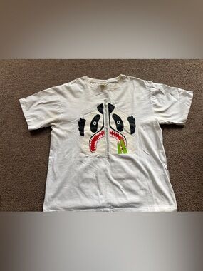 Bape White Tee with Black Panda and Red Shark Mouth Graphic